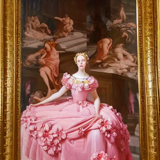 Image similar to Young lady full length shot wearing valentino resort sleeveless dress pink flowers in the style of baroque realism standing inside lourve, 8K, background renaissance paintings with gold