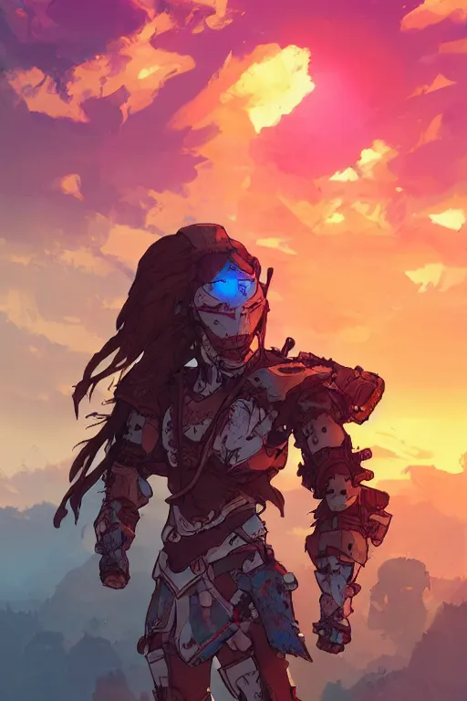 Image similar to combination suit armor aloy horizon forbidden west horizon zero dawn robot ninja mask helmet backpack tribal, art gta 5 comics, official fanart behance hd artstation by jesper ejsing, by rhads, makoto shinkai and lois van baarle, ilya kuvshinov, ossdraws radiating a glowing aura cgi rtx 2 0 2 2