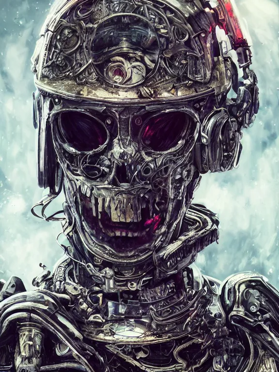 Image similar to portrait art of 8k ultra realistic undead businessman, intricate high tech helmet , detailed intricate ornate space suit,decaying, cybernetic, full of colour, cinematic lighting, battered, trending on artstation, 4k, hyperrealistic, focused, extreme details,unreal engine 5, cinematic, masterpiece, art by ayami kojima, giger