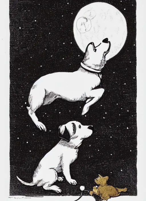 Prompt: jack russel dog silhouette howling at the moon, illustrated by peggy fortnum and beatrix potter and sir john tenniel