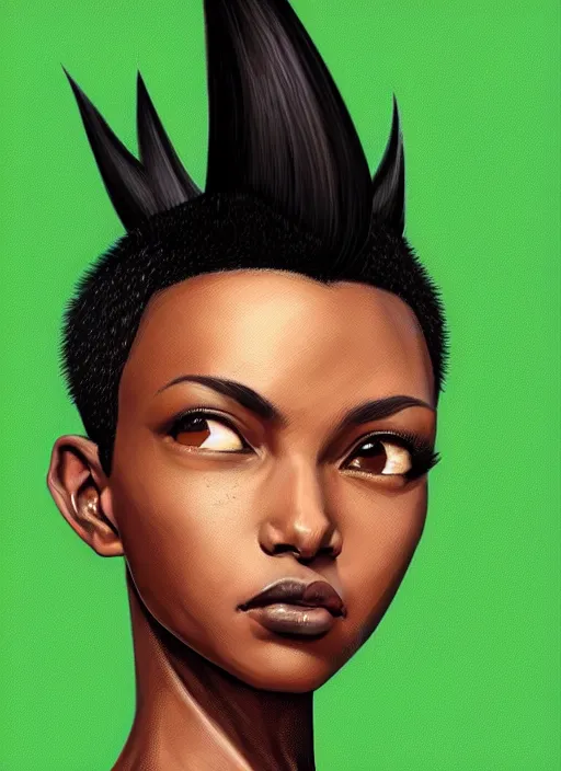 Prompt: photographic portrait of an handsome young black woman with a mohican haircut and green eyes in a back hoodie, flat lighting, elegant, highly detailed, digital painting, artstation, concept art, sharp focus, star wars, illustration, art by akira toriyama