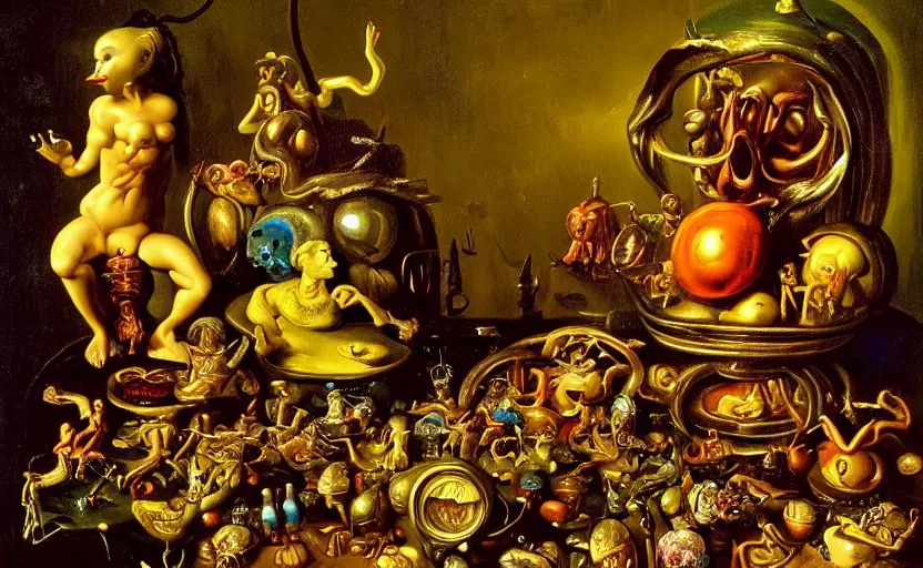 Image similar to disturbing colorful oil painting dutch golden age vanitas still life with bizarre recursive humanoid faces strange beautiful curvy women metal objects shiny gooey surfaces shiny metal bizarre insects rachel ruysch dali todd schorr very detailed perfect composition rule of thirds masterpiece canon 5 0 mm, cinematic lighting, chiaroscuro