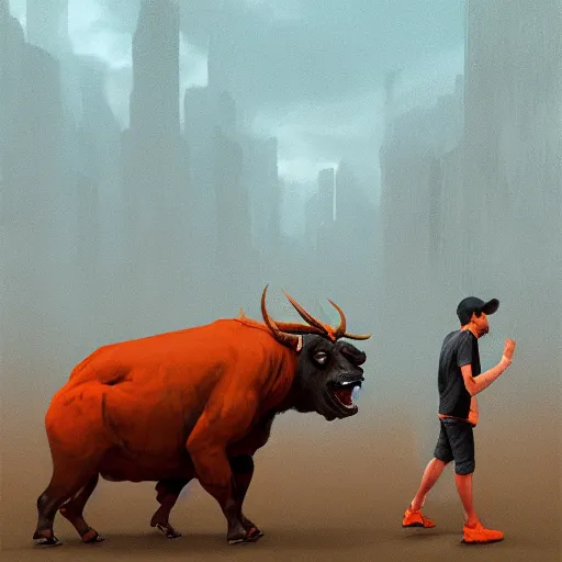 Image similar to man in orange t - shirt chased by big black bulls, concept design, contrast, kim jung gi, greg rutkowski, trending on artstation, 8 k, full body, turnaround, front view, back view, ultra wide angle