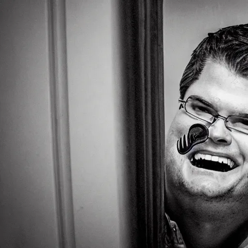 Prompt: Matt Gaetz with a wide grin wielding a chainsaw peaking through a door in the distance at the end of a narrow corridor, black and white, creepy lighting, scary, horror, ornate, eerie, fear, oil painting