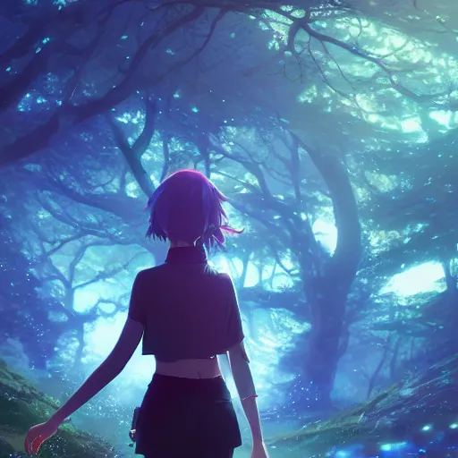 Image similar to twisted pathways, magical cosmic path in the middle of a universe, anime inspired, hyper realistic, dramatic lighting, glowing leaves, 8k, hd, pixiv ,dslr photo by Makoto Shinkai , ilya kuvshinov and Wojtek Fus, digital art, concept art