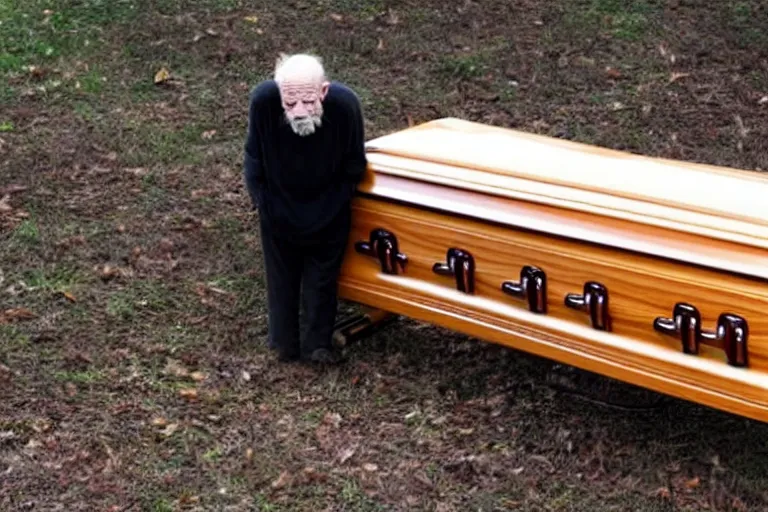 Image similar to a creepy old man playing a piano in the shape of a casket, with other caskets piled up in the back