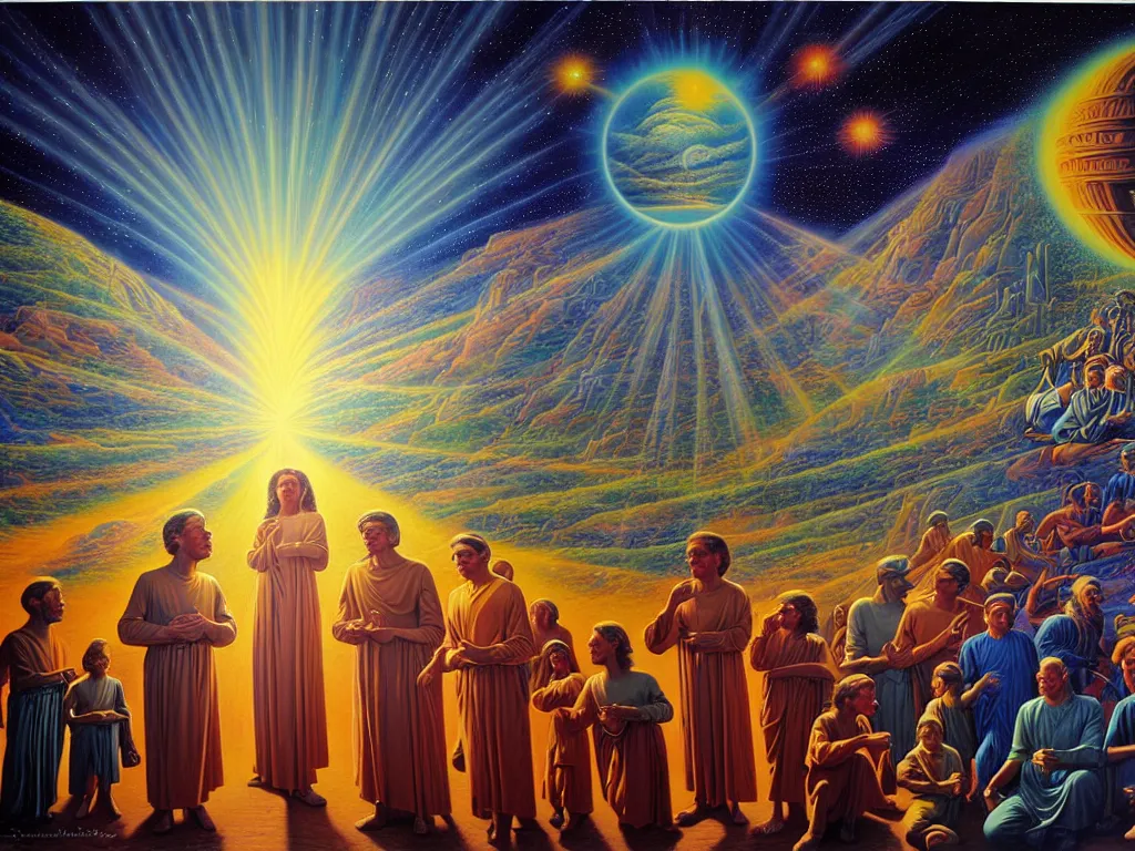 Prompt: a beautiful future for human evolution, spiritual evolution, divinity, enlightenment, utopian, by david a. hardy, wpa, public works mural, socialist