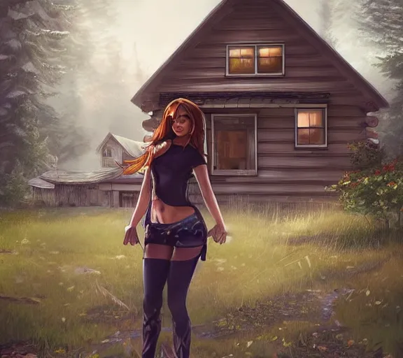 Image similar to a beautiful girl In front of the cabin, the country, by Artgerm Lau，hyperdetailed, trending on artstation, trending on deviantart