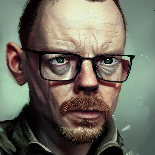 Image similar to simon pegg portrait, horror core, apocalyptic, pool cue, sharp focus, fiction, hyper detailed, digital art, trending in artstation, cinematic lighting, studio quality, smooth render, unreal engine 5 rendered, octane rendered, art style and nixeu and wlop and krenz cushart