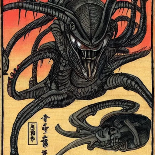 Image similar to xenomorph alien in the edo period. realistic.