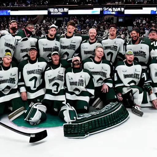 Image similar to Michigan state ice hockey wins national championship in NHL 22 video game, team picture, rendered in unreal engine