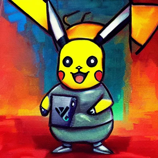 Prompt: old oil painting of a Pikachu in cyberpunk style