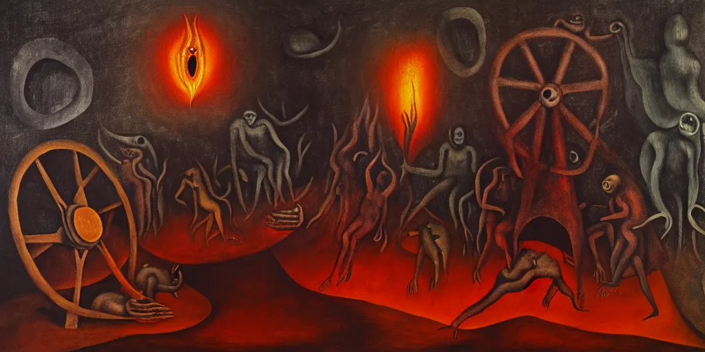 Image similar to trapped on a hedonic treadmill, dark uncanny surreal painting by leonora carrington, dramatic lighting from fire glow, mouth of hell, ixions wheel