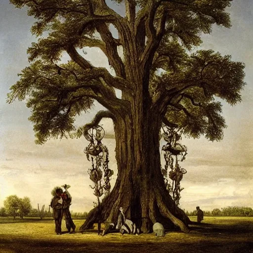 Image similar to huge tree with a lot of hangmans, southern gothic art, 1 9 th century scene, painted by friedrich caspar david