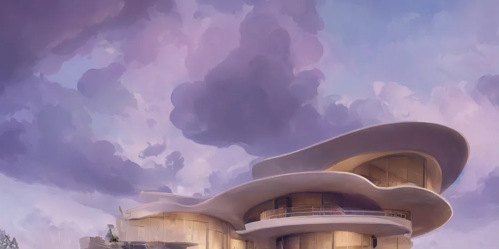 Prompt: beautiful digital illustration of a curvilinear modern house by Andreas Rocha, curvilinear architecture, fluffy pastel clouds, cinematic, architecture, concept art, deviantArt, artsation, artstation HQ, HD, 16k resolution, smooth, sharp detail, amazing depth, octane, finalRender, Unreal Engine