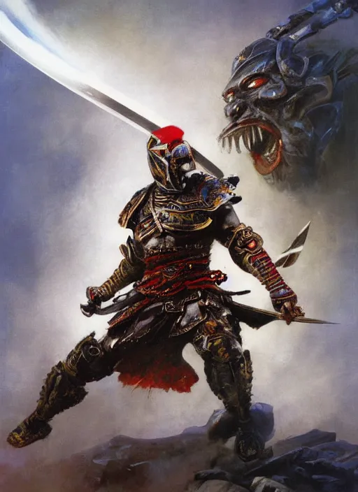 Image similar to A full portrait oil painting of a godlike and psychedelic helmeted and masked Samurai holding a katana above his head an running into battle, japanese god of war armor, by Frank Frazetta, Greg Rutkowski, Boris Vallejo, epic fantasy character art, Exquisite detail, post-processing, low angle, masterpiece, cinematic, lightning