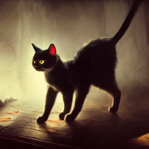 Prompt: a cat in a world full of ghosts, professional photo, professional lighting, trending on artstation, hdr, by albert bierstadt, well detailed, horror