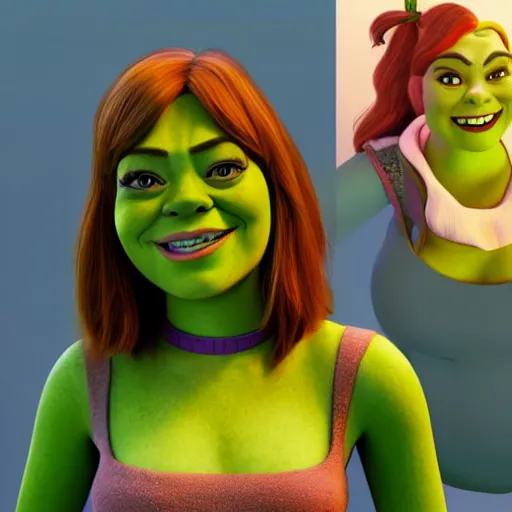 Image similar to Emma Stone as female Shrek, fully detailed, high quality , 4k , octane render