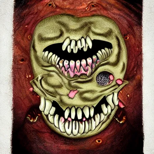 Image similar to trippy dmt teeth bone monster nightmare dentist bloody halloween scary gums