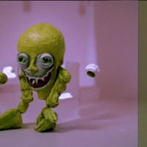 Image similar to creepy creature toy from a bad 90s commercial, vhs footage