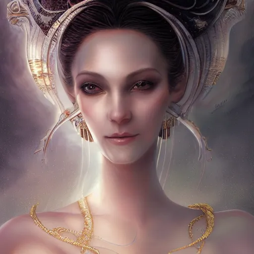 Image similar to a beautiful woman wearing a white dress made of silk with golden ornaments and diamonds jewelry by alex gray and android jones , Karol Bak, Ayami Kojima, Amano , concept art, character design, fantasy,3D, 8k resolution