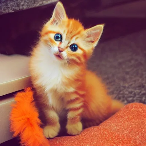 Image similar to cute fluffy orange tabby kitten with a sign that says