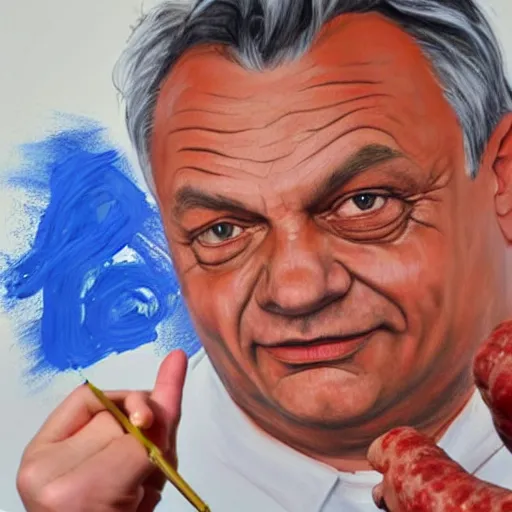 Prompt: old child paints a sausage and viktor orban on white paper, anatomically correct, oil painting, hyper realistic, 8 k highly detailed