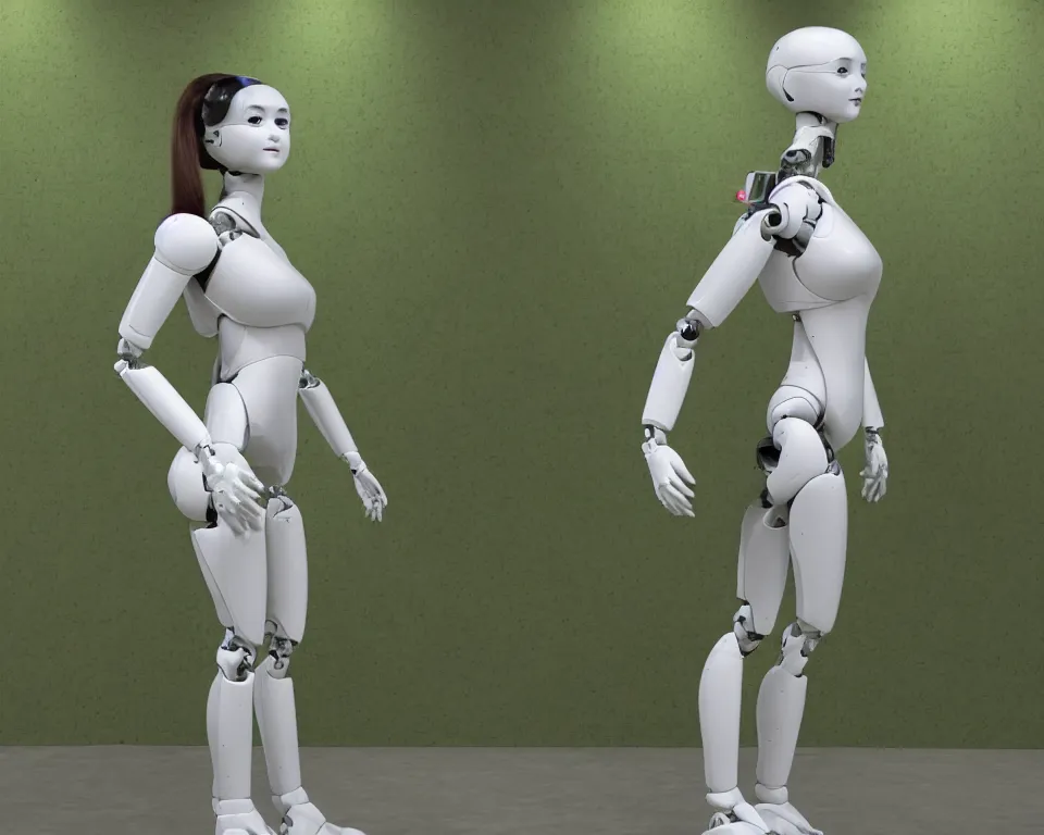 Image similar to posterior of a realistic humanoid female robot surrounded by green gas,