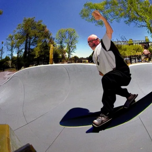 Prompt: walter white skateboarding, fisheye lens, sunny day
