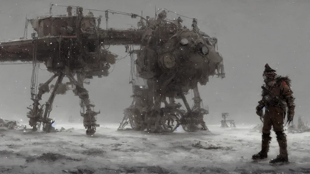 Image similar to 1920's broken down bipedal mech in the snowy tundra, oil drill in the distance, steampunk airship above, painted by Jakub Rozalski