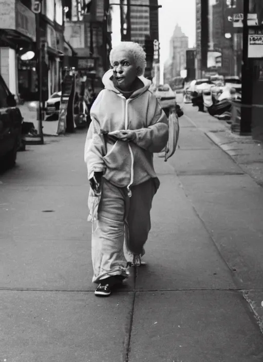 Prompt: strange ugly tough looking woman with piercings walking down the street in New York. older person, sweat suit, crackhead, somebodys grandma probably, award winning photography, high detail, photography by Annie Leibovitz, Ansel Adams, Mary Ellen Mark