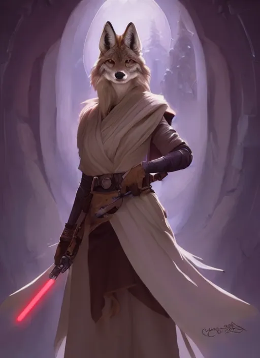 Image similar to beautiful portrait of a female anthro coyote wearing jedi robes. character design by charlie bowater, ross tran, artgerm, and makoto shinkai, detailed, soft lighting, rendered in octane