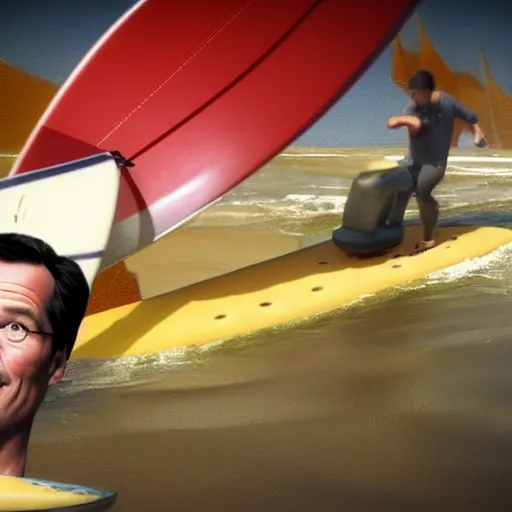 Image similar to dutch mark rutte hyperrealistic, octane render, surfing on a cheese sandwich