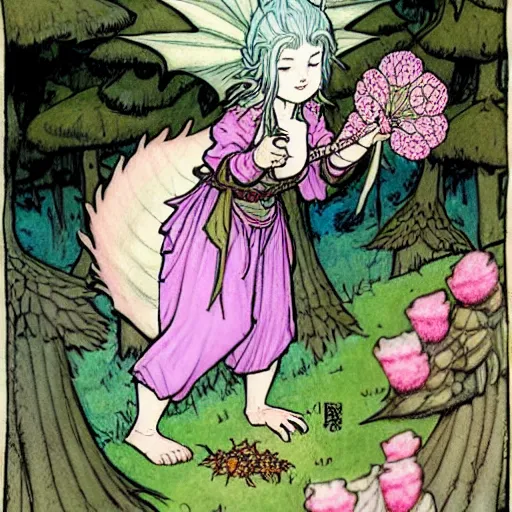 Prompt: A cute pink-scaled dragon-girl Herbalist collecting flowers in the forest. Absurdly-detailed fantasy character illustration by Rebecca Guay and Wayne Reynolds