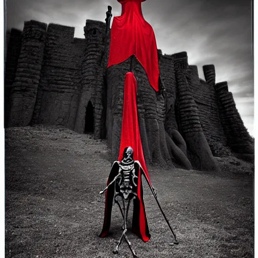 Image similar to monumental, weary 3 d render by nathan wirth. a beautiful street art of a horned, red - eyed, skeleton - like creature, with a long black cape, & a staff with a snake wrapped around it, standing in front of a castle atop a cliff.