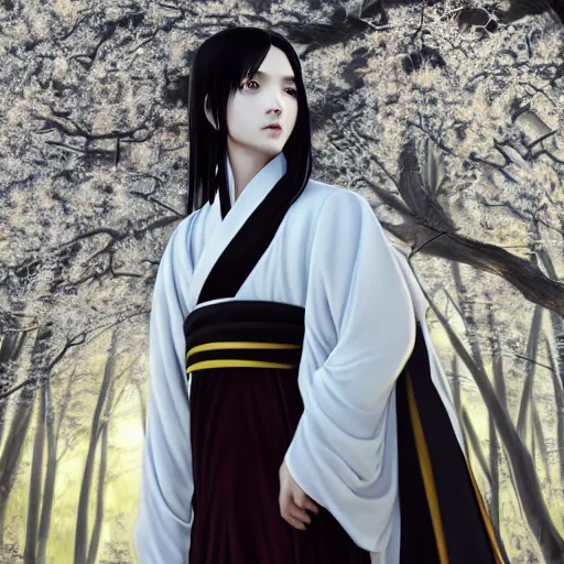 Prompt: a young beautiful prince, golden eyes, long black hair, white hanfu, elegant, intricate, backlit, incredible lighting, strong rim light, subsurface scattering, hyper realistic anime, HDRI, vivid colors, high contrast, unreal engine, cgsociety, octane render, beautiful landscape, cherry trees, highly detailed digital painting, by Heise Jinyao, Heise-Lian Yan Fang, Feimo, Rossdraws, Sakimichan, trending on artstation, 8k