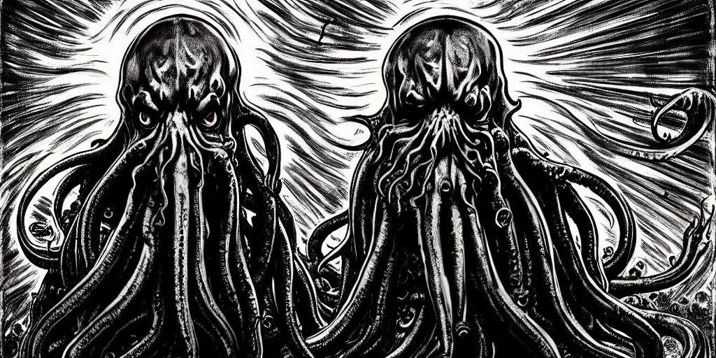 Prompt: digital art, portrait of a cthulhu, horror, gigantic, scary, graphic novel, cool light, wide angle lens, edvard munch