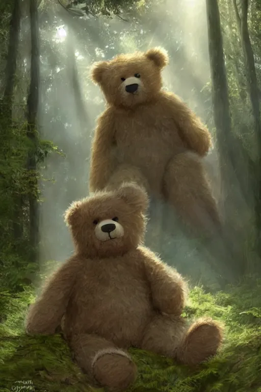 Image similar to mean fluffy teddybear protecting girl in a forest with rays of light coming through the canopy, masterpiece, dystopian, sci-fi, extremely detailed, digital painting, sculpted in zbrush, artstation, concept art, smooth, sharp focus, illustration, chiaroscuro lighting, golden ratio, incredible art, artgerm, greg rutkowski, alphonse mucha, simon stalenhag, carravaggio