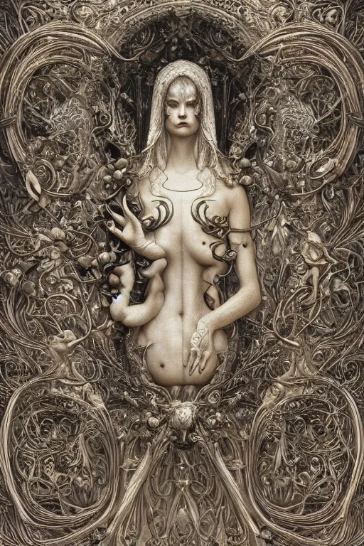 Image similar to beautiful render of catholic rococo roses veiled crow sculpture with symmetry, intricate detail, by Edward Burne-Jones and aaron horkey and NekroXIII and Billelis and peter gric, artstation, ZBrush, maximalist, glittering, gold, silver, ivory, hyperreal