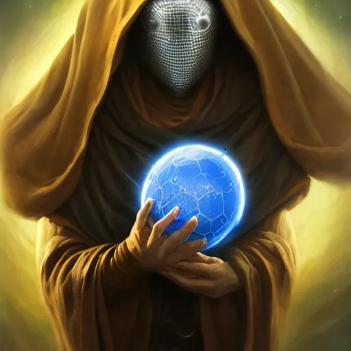 Image similar to creator of worlds wearing a cloak, masked, and holding a holographic planet projection in his hand, detailed, sci - fi, digital painting, artstation, sharp focus, illustration, ominous, artgerm, tomasz alen kopera, peter mohrbacher, donato giancola, joseph christian leyendecker, wlop, frank frazetta