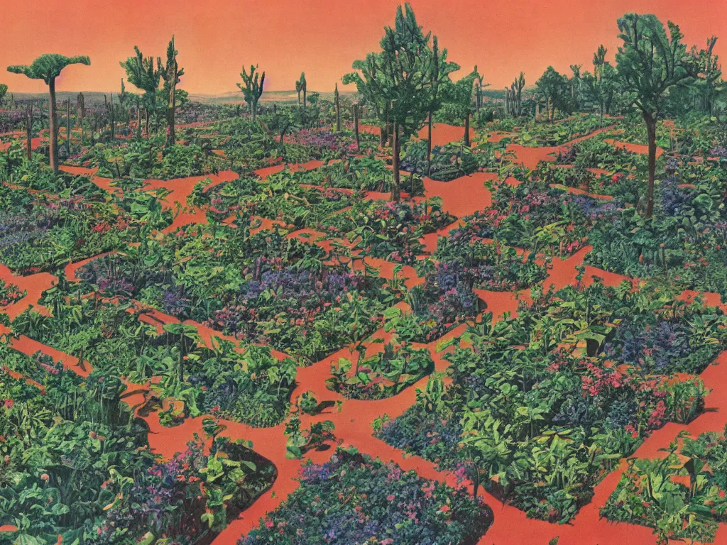 Prompt: a massive garden on the mars space colony, 1 9 4 0 s scifi post illustration, technicolor