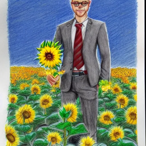 Image similar to full body shot of a man with a sunflower instead of a head wearing a business suit, color pencil sketch