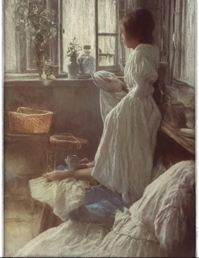 Image similar to peasant girl in a morning in country house, cottage core, cinematic focus, polaroid photo bleached vintage pastel colors high - key lighting, soft lights, foggy, by steve hanks, by lisa yuskavage, by serov valentin, by tarkovsky, detailed, oil on canvas