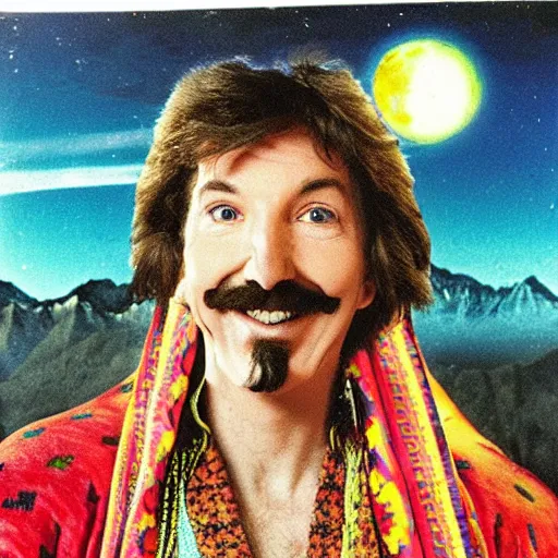 Prompt: “Doug Henning on a magic carpet flying over the mountains in the style of scrojo”