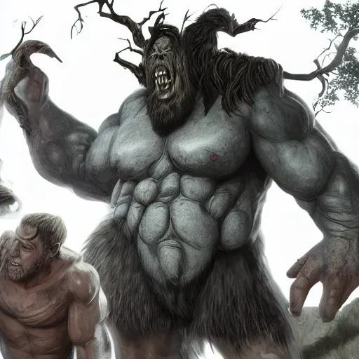 Prompt: a giant ettin with two heads from dnd in a dark forest, digital art, high quality render, artstation