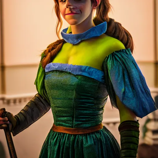 Image similar to Emma Watson in Shrek cosplay, (Sony a7R IV, symmetric balance, polarizing filter, Photolab, Lightroom, 4K, Dolby Vision, Photography Award)