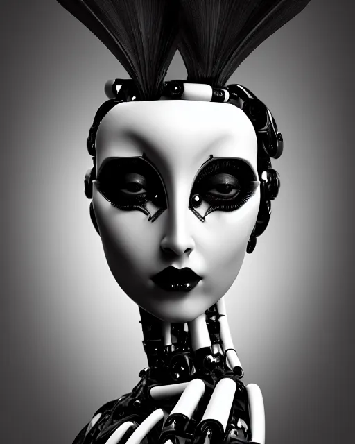 Prompt: surreal mythical dreamy dark artistic black and white fine art 3 / 4 fashion portrait photo of a young beautiful delicate female robot with realistic orchid - owl face, rim light, cinematic, studio dramatic light, poetic, masterpiece, octane render, 8 k, photo - realistic by hg giger and man ray