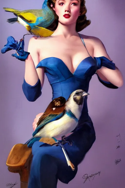 Image similar to hyper realistic painting, tasteful pinup girl holding an indigo bunting, bird, the bird is wearing a bowtie, by greg rutkowski, rossdraws, gil elvgren, enoch bolles, anime, porcelain skin, very coherent