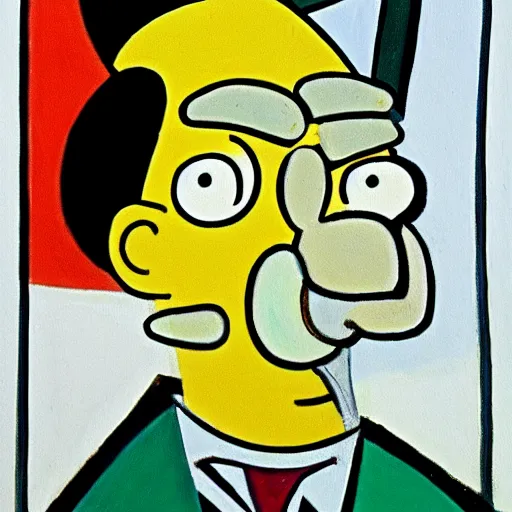 Prompt: in the style of Pablo Picasso art a painting of homer Simpson.
