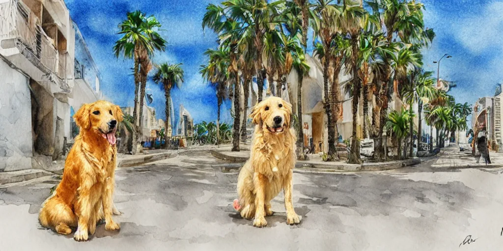 Image similar to photoreal golden retriever dog standing in tel aviv street looking at the camera. palm trees. optimistic. digital art. watercolor. highly detailed. drawing. art. colorful. fluffy